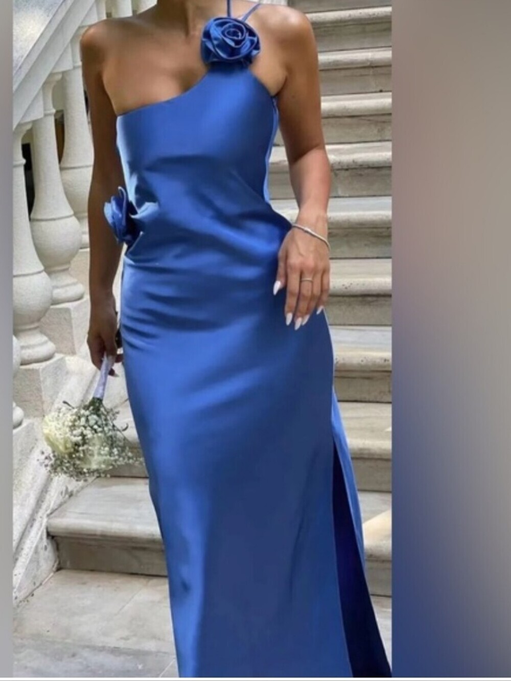 COMMENSE BLUE SATIN NWT OPEN BACK MAXI STRAPS DRESS ROSE DETAIL WOMENS SZ XL - Picture 1 of 16